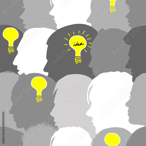 Creative thinking illustration with human profiles and light bulb idea.eps