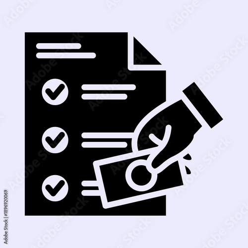 A black glyph icon showing a hand holding money next to a document with checked boxes, representing payment or financial agreement.