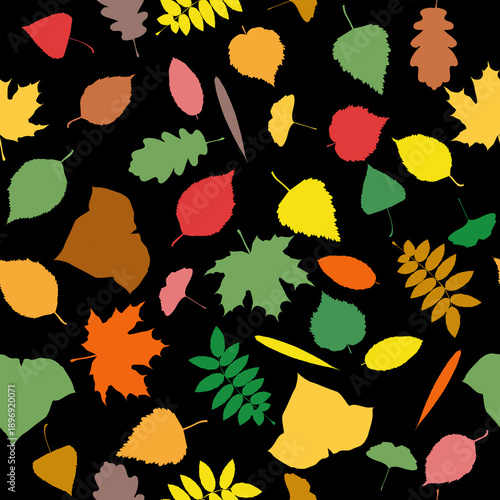 Different shapes of colorful leaves silhouette, seamless pattern on black background