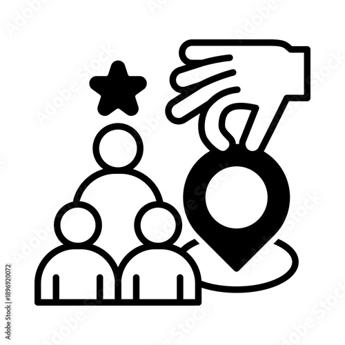 Hand selecting a location pin next to a group of people, one with a star, symbolizing talent acquisition or key personnel identification.