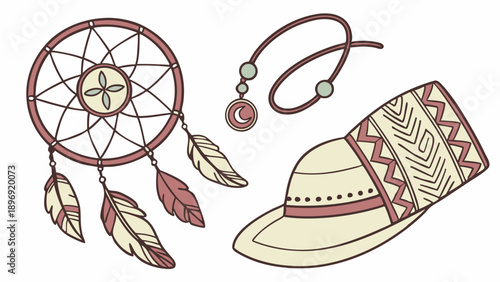 Bohemian Dreamcatcher Bracelet and Tribal Hat for Summer Festival Travel Web Design Elements