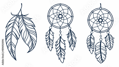 Bohemian Dream Catcher Feather Line Art Tattoo Design Spiritual Native American Icon for Spiritual Websites and Boho Decor Prints