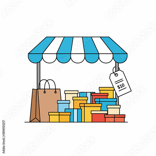 Shopping and gifting Boxes and bags at a market stall under a striped awning with a price tag