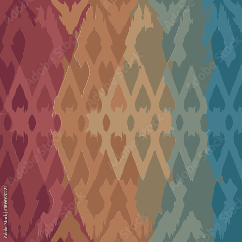 Abstract geometric pattern with gradient colors in a repeating diamond shape. Fabric design or wallpaper motif with a variety of earth tone colors.