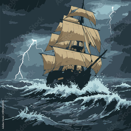 Historic sailing ship navigating stormy seas during a rainstorm. Full-scale view of a large vessel battling powerful waves in a dramatic thunderstorm.