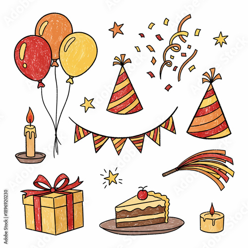 Happy Birthday Celebration with Balloons, Gifts, Cake, Party Hats, Confetti, and Candles Illustration
