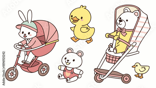 Cute Baby Animals Bunny Bear Duck in Strollers for Nursery Decor Toddler Birthday Party Invitations Design