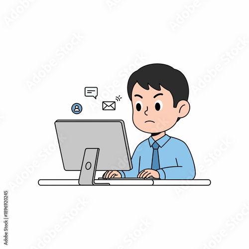 Frustrated Man Working on Computer with Notification Icons, Showing Stress and Overload at Workplace