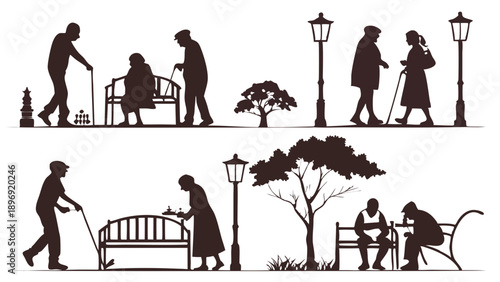 Elderly Seniors Walking and Resting on Park Benches Silhouettes for Retirement Care Brochures and Senior Living Websites