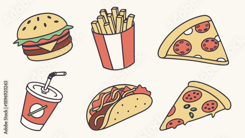 Fast Food Icons Set Burger Fries Soda Pizza Taco for Restaurant Menu Design or Junk Food Advertisement Graphics