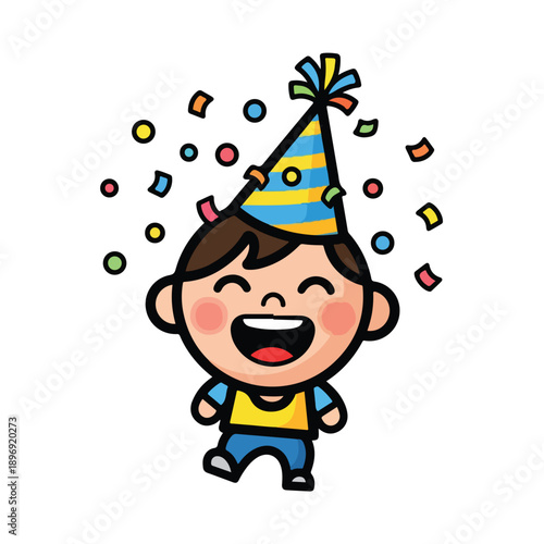 Cartoon Boy Wearing Party Hat Celebrating.