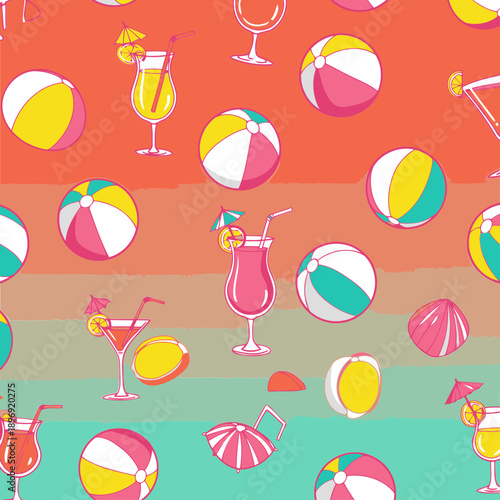 Summery beach scene with colorful cocktails and beach balls. Vibrancy of tropical drinks and beach toys against a gradient background, showcasing a cheerful theme.