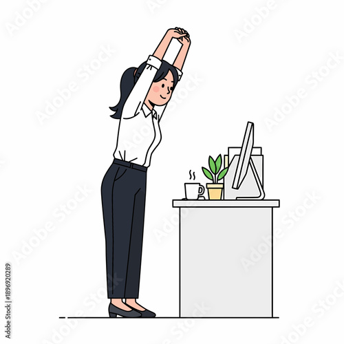 Smiling businesswoman engages in an energizing overhead stretch for improved posture and well-being at work