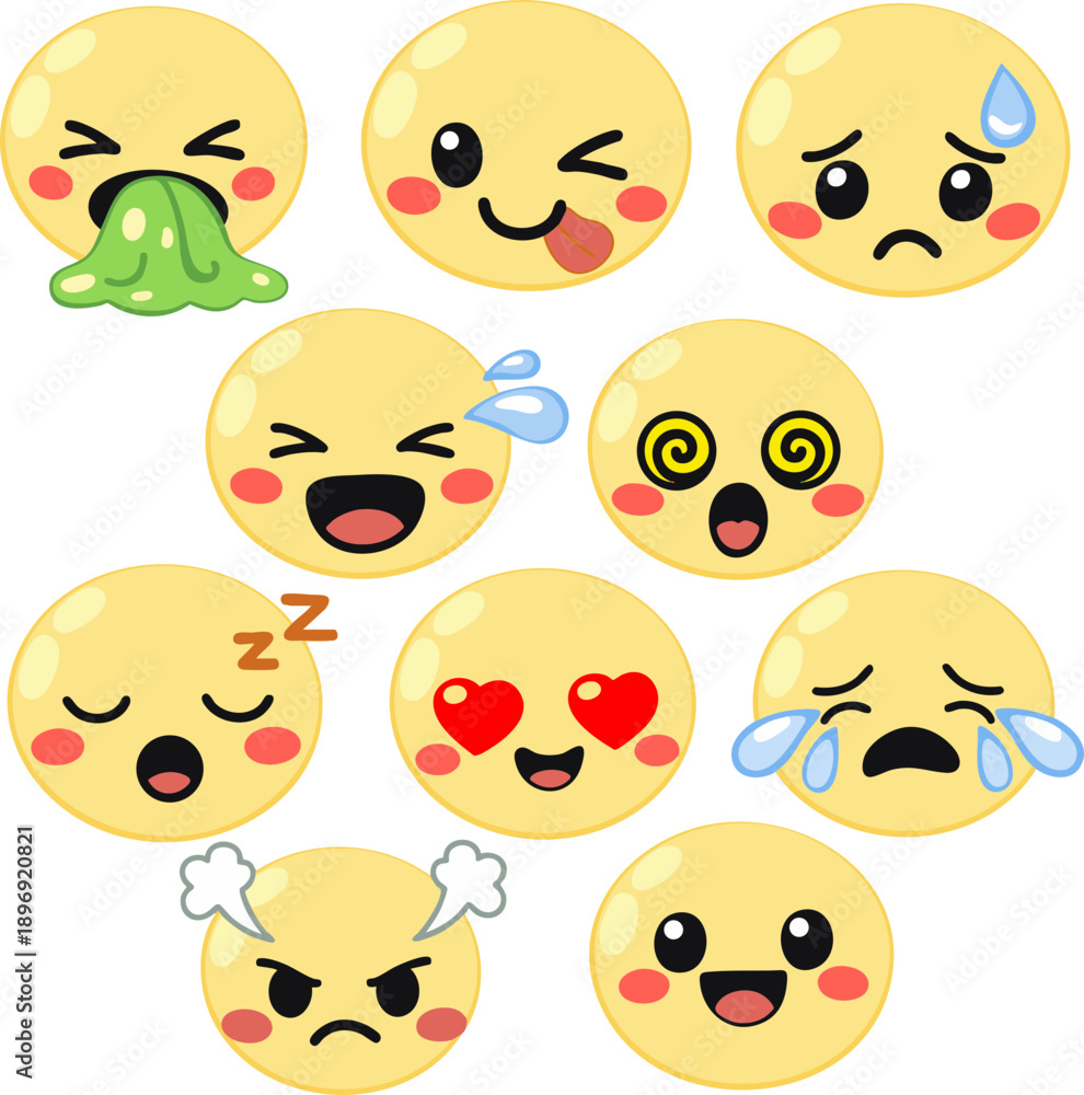 Fototapeta premium Cute Yellow Emoji Faces Set with Various Emotions 