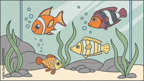 Vibrant Aquarium Scene With Diverse Tropical Fish Swimming Among Green Seaweed and Rocks for Children's Education or Pet Store Ads