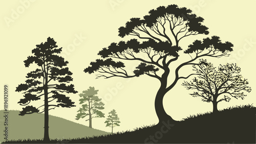 Silhouette Landscape with Diverse Trees on Rolling Hills Perfect for Nature Brochures Website Banners Peaceful Serene Backdrop