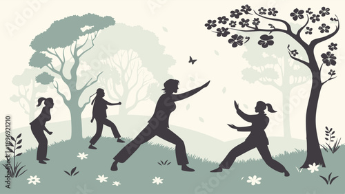 Silhouettes of Women Practicing Tai Chi Outdoors in Peaceful Park Setting for Health Wellness and Exercise Promotion