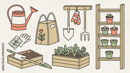 Charming Garden Tools and Seedlings Illustration for Spring Planting Projects Home Decor Web Banners