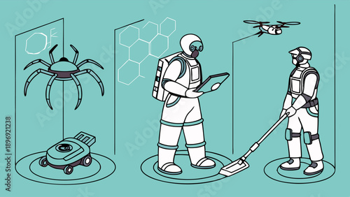 Futuristic Robotics Inspection Team Using Drones and Sensors for Advanced Industrial Security and Pest Control Operations
