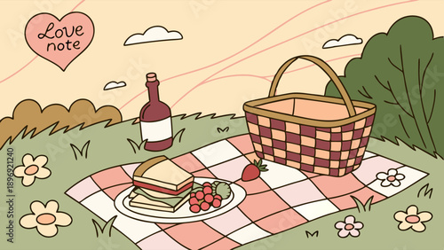 Romantic Summer Picnic Setup with Wine Sandwiches and Love Note for Dating App Web Design or Holiday Promotion