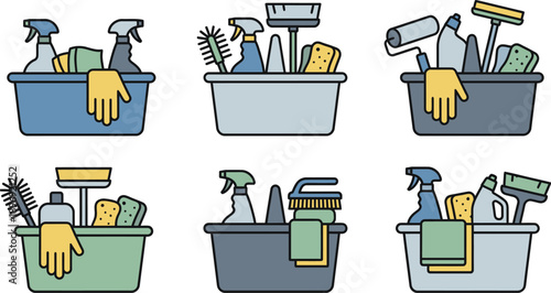 Collection Of Cleaning Supplies In Baskets With Gloves And Tools