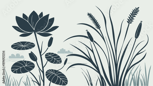 Serene Water Lily and Cattail Silhouette for Pond Design Spa Branding Nature Background Illustration