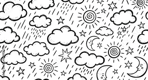 A whimsical black and white illustration of various weather and celestial elements in a playful pattern