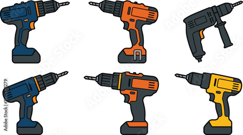 Collection of Six Cordless Power Drills in Blue Orange and Yellow Colors on White Background