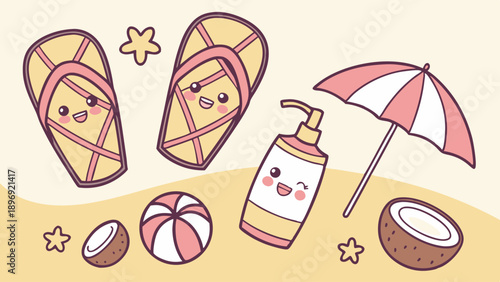 Kawaii Summer Beach Vacation Icons for Tropical Holiday Promotion Fun Sunscreen Flip Flops Umbrella Design