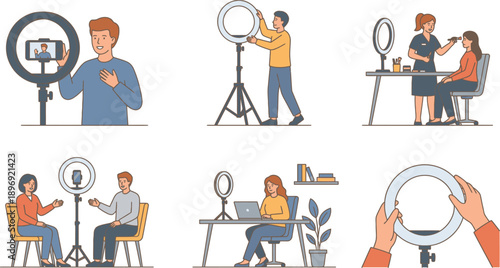 Diverse People Creating Content With Ring Lights And Cameras In Various Settings