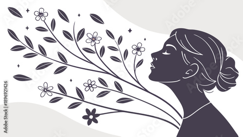 Silhouette Woman Inhaling Spring Flowers Aroma Peaceful Relaxation Wellness Self Care Nature Growth Design Element