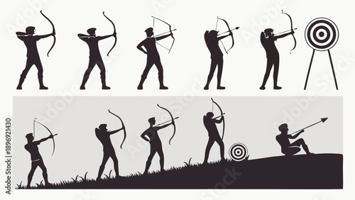 Archery Silhouettes Set Dynamic Poses for Sports Training, Target Practice, Competition, and Focus Skill Development
