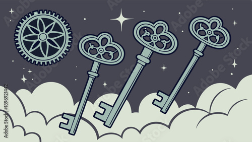 Mystical Keys and Gear Ascending Through Night Clouds for Success Achievement and Unlocking Secrets