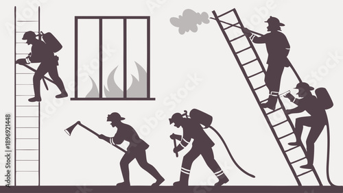 Firefighters Climbing Ladders Rescuing People from Burning Building Silhouette for Safety Training and Emergency Service Web Design