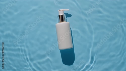 A white cosmetic bottle with a pump dispenser sits amidst rippling, azure water. Light creates shadows and enhances the visual texture
