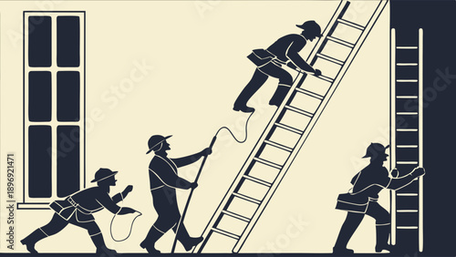 Chimney Sweep Workers Climbing Ladders For Roof Maintenance And House Cleaning Service Illustration For Home Repair Industry