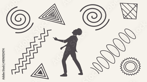 Silhouette Man Juggling Abstract Geometric Shapes for Presentation Design and Visual Flow Illustration