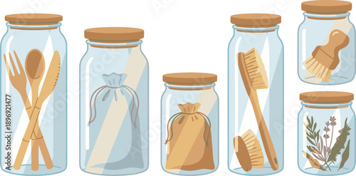 EcoFriendly Storage Jars With Wooden Utensils and Herbs In Neutral Tones