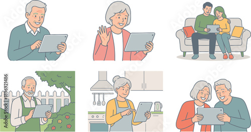 Elderly Couple Interacting With Digital Tablets Outdoors And Indoors In A Cozy Setting