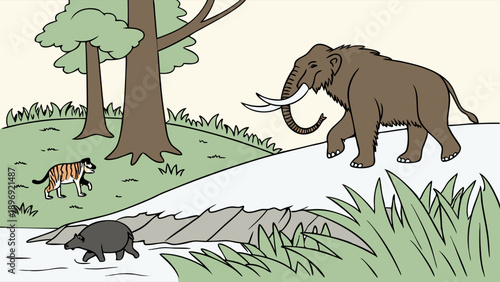 Prehistoric Wildlife Encounter Illustration Mammoth Saber-Toothed Cat and Tapir Crossing Icy River for Educational Content Design