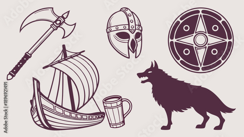 Viking Warrior Icons Set Axe Shield Helmet Longship Wolf Mug for Norse History Gaming Design Projects