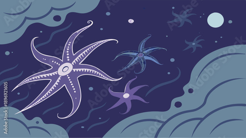 Mystical Deep Sea Starfish Swimming in Dark Cosmic Ocean Space Background for Fantasy Web Design or Science Illustration