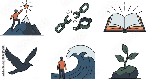 Pixel Art Icons Representing Success Freedom Knowledge Flight Resilience and Growth On White Background