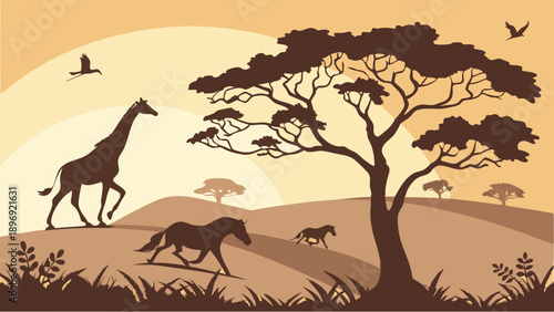 African Savannah Sunset Silhouette Giraffe and Zebras Running for Travel Brochures Wildlife Education Backgrounds Nature Websites