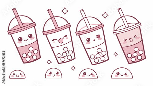 Kawaii Pink Boba Tea Drinks with Happy Faces for Cafe Menu Design Fun Dessert Illustration
