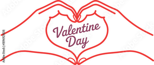 Romantic Valentine’s Day hand heart line art illustration with love symbol typography, minimal red outline design, modern festive greeting card concept isolated 