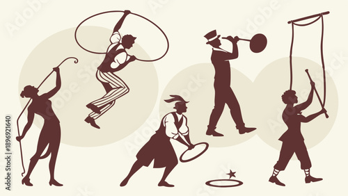Vintage Circus Performers Juggling Hoops and Playing Instruments for Entertainment Event Promotion or Nostalgic Web Design