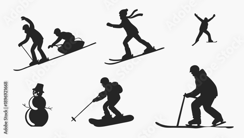 Winter Sports Silhouettes Skiing Snowboarding Snowman Action Set for Seasonal Website Design and Holiday Advertising Graphics