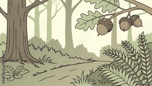 Tranquil Forest Path Illustration with Oak Acorns for Nature Education Ecology or Autumn Website Background Design