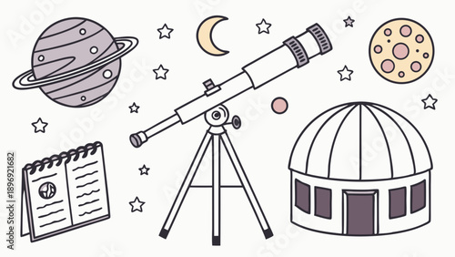 Astronomy Education Design Featuring Telescope Observatory Planet Moon Calendar for Science Learning and Space Exploration Websites